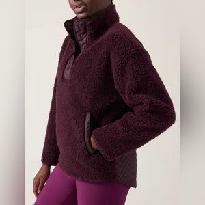 Athleta Cozy Sherpa Quilted Snap Sweatshirt oversized Red Maroon‎ Women’s M NWT